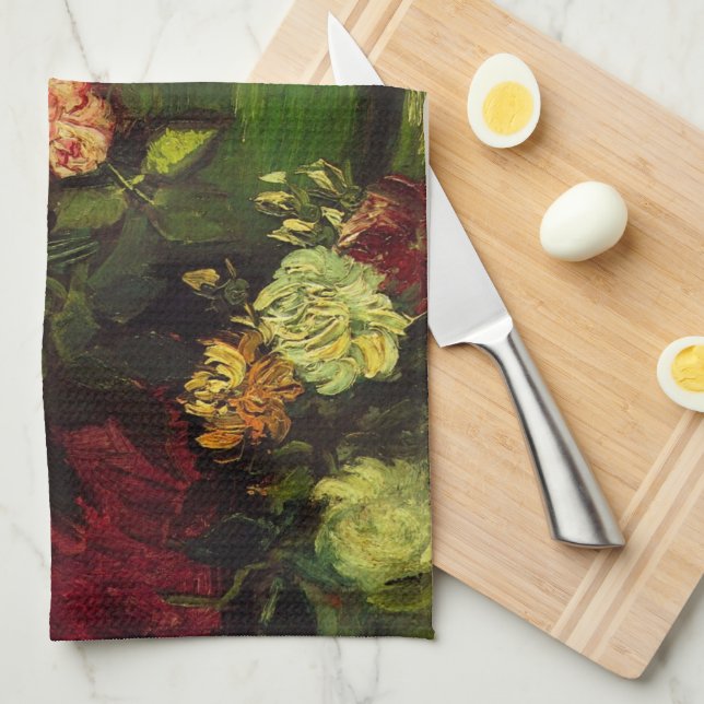 Bowl with Peonies and Roses by Vincent van Gogh Tea Towel (Quarter Fold)
