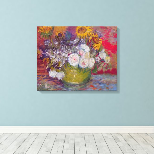 Bowl with Sunflowers and Roses by Vincent van Gogh Canvas Print (Insitu(Wood Floor))
