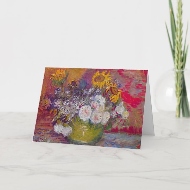 Bowl with Sunflowers and Roses by Vincent van Gogh Card (Front)