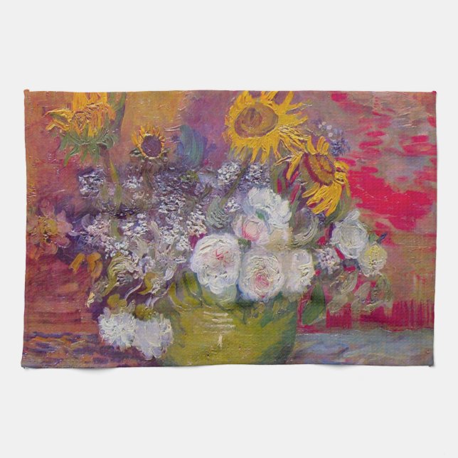 Bowl with Sunflowers and Roses by Vincent van Gogh Tea Towel (Horizontal)
