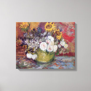 Bowl With Sunflowers Roses And Other Flowers Canvas Print