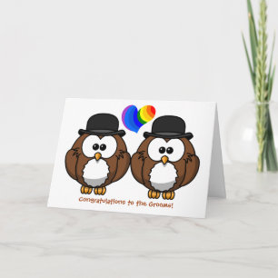 Bowler Hat Owls Gay Pride Wedding Card for Grooms