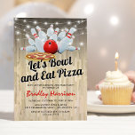 Bowling and Pizza Birthday Party Invitation<br><div class="desc">Combination birthday party invitations featuring a rustic wooden background,  string twinkle lights,  bowling ball,  pins,  pizza,  and a modern birthday celebration template that is easy to personalise.</div>