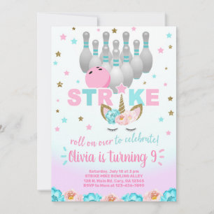 Bowling and unicorn girl birthday invite. invitation