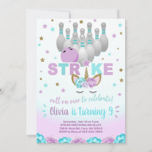 Bowling and unicorn girl birthday invite. invitation