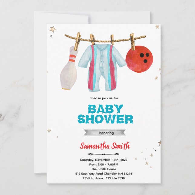 Bowling baby shower party invitation (Front)