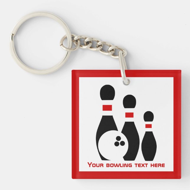 Bowling ball and pins black and red key ring (Front)