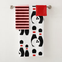 Bowling ball and pins  black and red stripes
