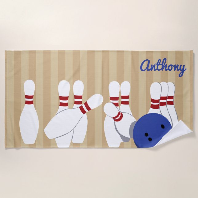 Bowling Ball and Pins Personalised Beach Towel (Front)
