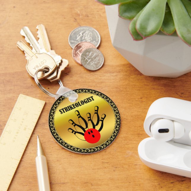 Bowling ball and pins with the word STRIKEOLOGIST Key Ring (Desk)