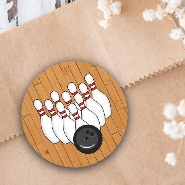 Bowling Ball and Pins with Wood Floor Classic Round Sticker (Creator Uploaded)