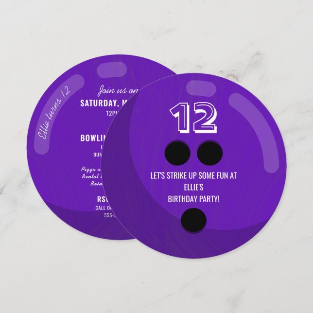 Bowling Ball | Kids Birthday Party | Purple Invitation (Front/Back)