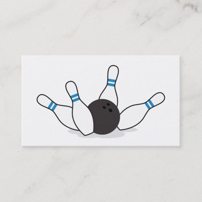 Bowling ball knocking down pins - blue business card (Front)