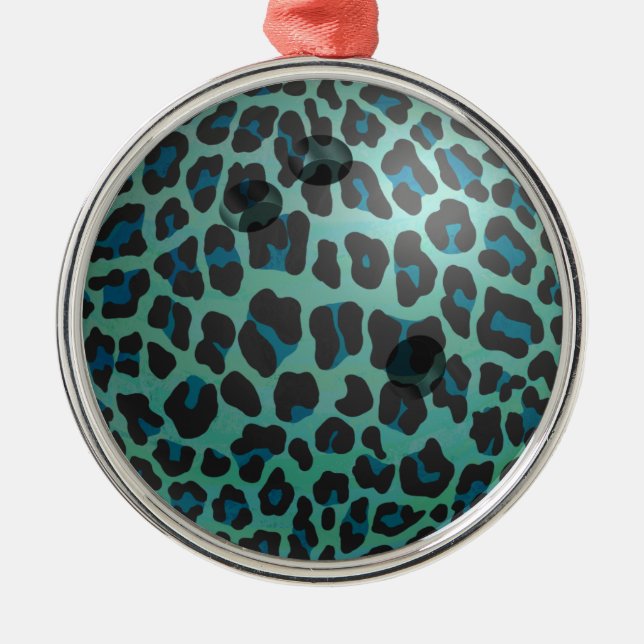 Bowling Ball Leopard Teal Metal Tree Decoration (Front)