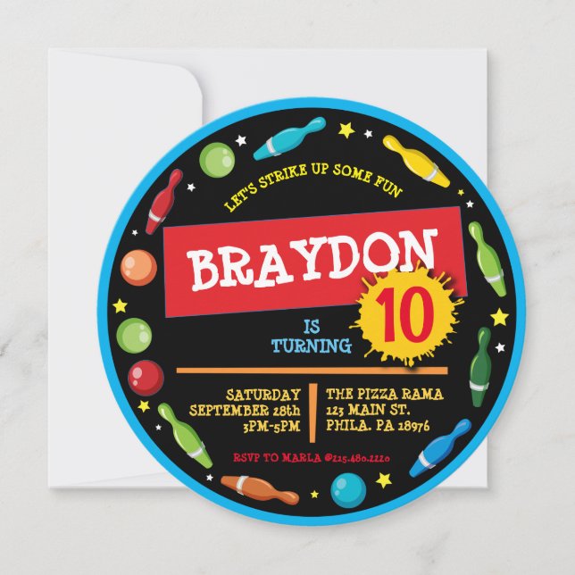 BOWLING BALL NEON Birthday Party Invitation (Front)