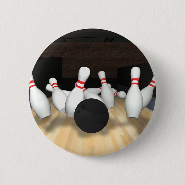 Bowling Ball & Pins: 3D Model: 6 Cm Round Badge (Front)