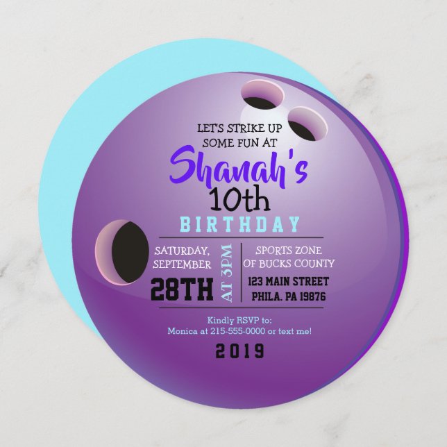 BOWLING BALL ROUND Birthday Party Invitation (Front/Back)