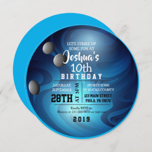 BOWLING BALL ROUND Blue Birthday Party Invitation