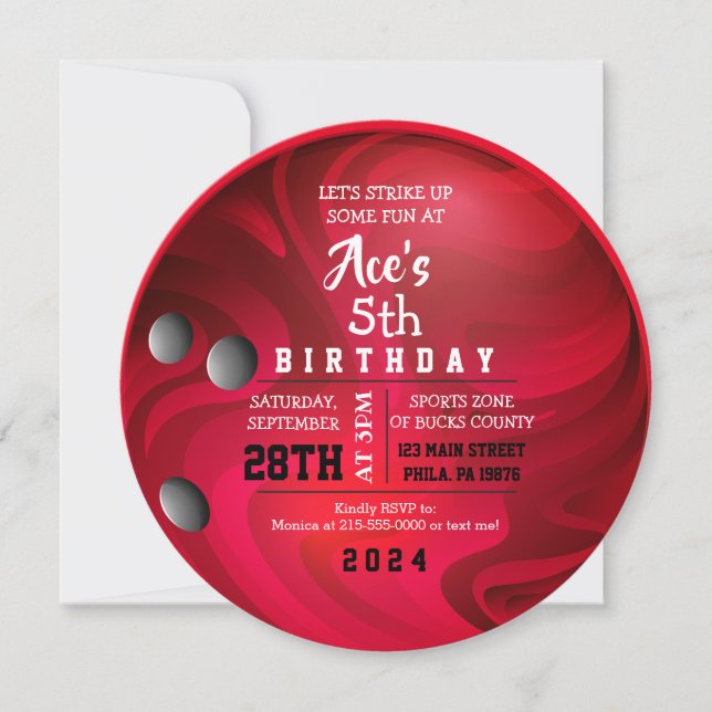 BOWLING BALL ROUND Red Birthday Party Invitation (Front)