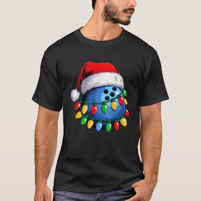 Bowling Ball Santa Hat Christmas Bowling Xmas Ligh T-Shirt (Front)