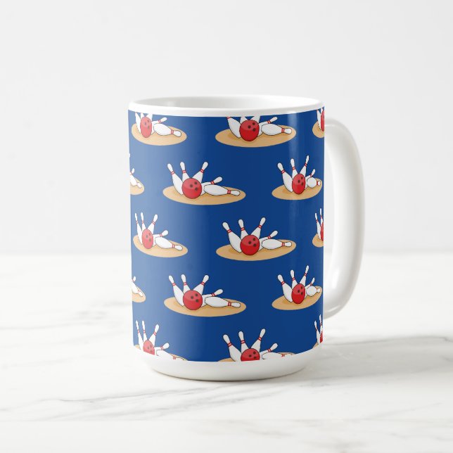 Bowling Ball Striking Skittles Pattern Coffee Mug (Front Right)