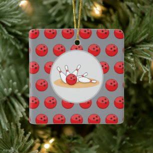 Bowling Ball Striking Skittles with Ball Pattern Ceramic Ornament