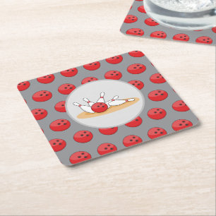 Bowling Ball Striking Skittles with Ball Pattern Square Paper Coaster