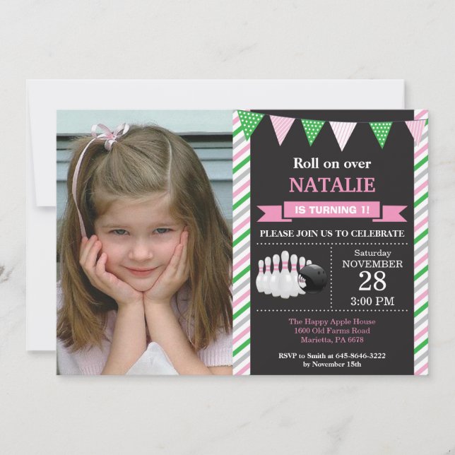 Bowling Birthday Invitation 1st Birthday Party (Front)