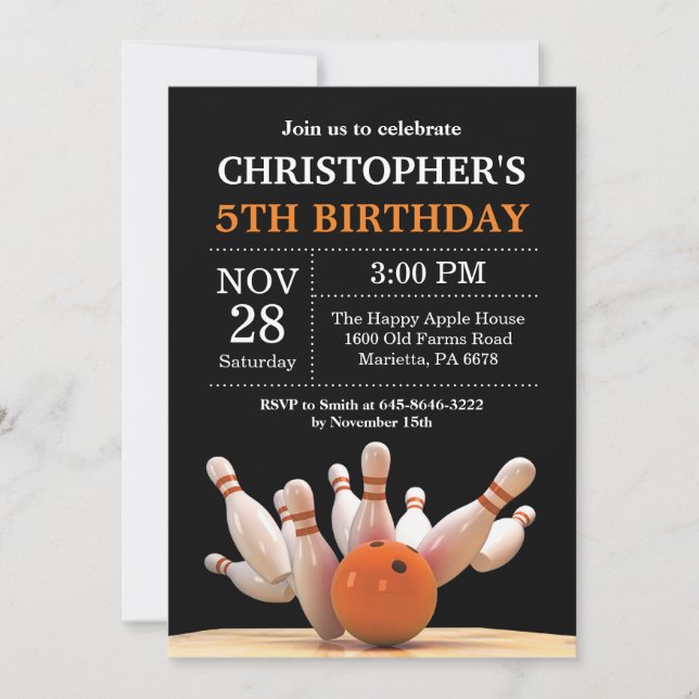 Bowling Birthday Invitation Birthday Party Orange (Front)