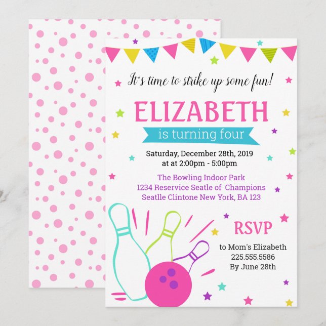 Bowling birthday invitation for girl (Front/Back)