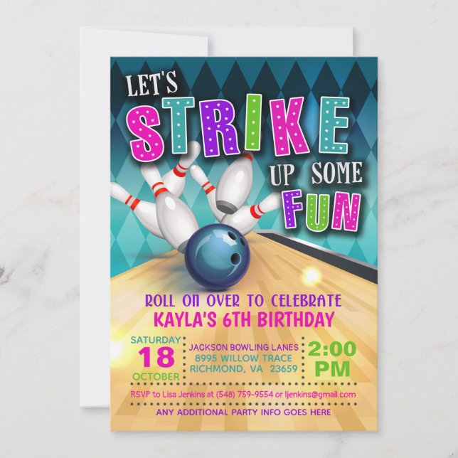 Bowling Birthday Invitation Girl (Front)