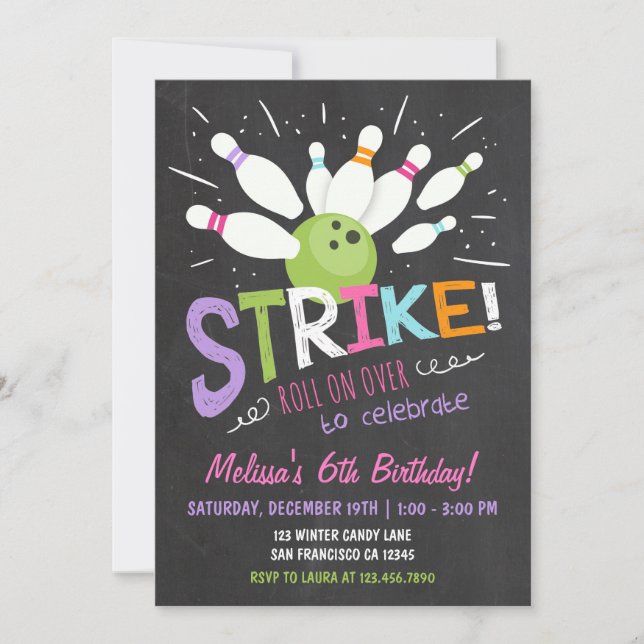 Bowling Birthday Invitation Pink Purple Girl (Front)