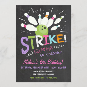 Bowling Birthday Invitation Pink Purple Girl