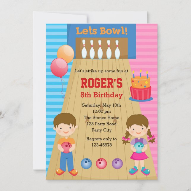 Bowling Birthday Invitations (Boy Girl Twins) (Front)