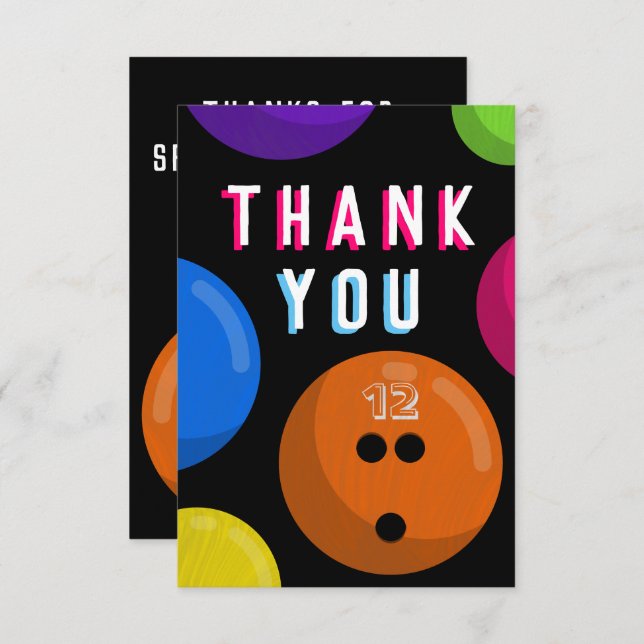 Bowling Birthday Party Cosmic Bowling Neon Orange Thank You Card (Front/Back)
