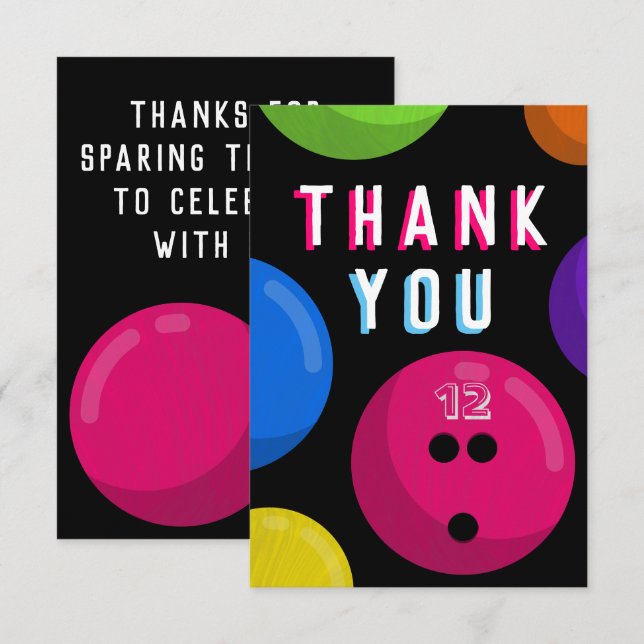Bowling Birthday Party Cosmic Bowling Neon Pink Thank You Card (Front/Back)