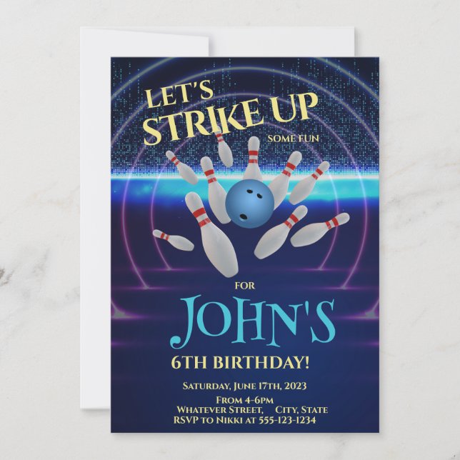 Bowling Birthday Party Custom Invitation (Front)