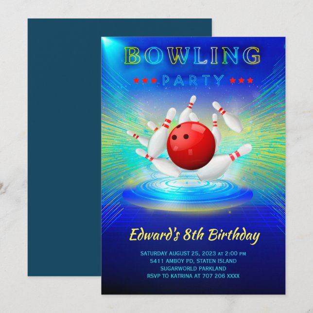 Bowling Birthday Party Invitation  (Front/Back)
