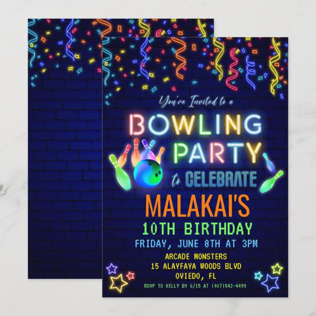 Bowling Birthday Party Invitation (Front/Back)