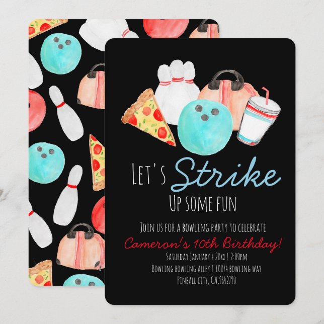 Bowling birthday party invitation black invite (Front/Back)