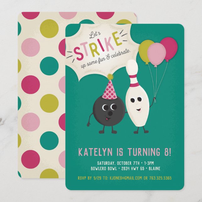Bowling Birthday Party Invitation - Girl, Invite (Front/Back)