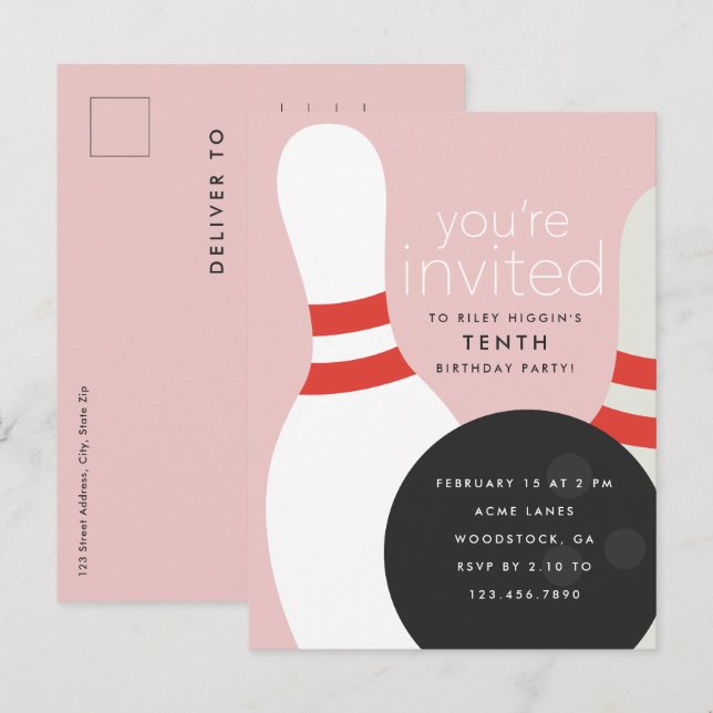 Bowling Birthday Party Invitation Postcard (Front/Back)