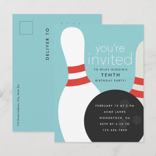 Bowling Birthday Party Invitation Postcard (Front/Back)