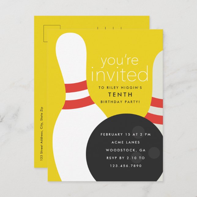 Bowling Birthday Party Invitation Postcard (Front/Back)