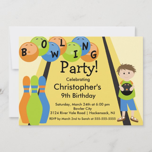 Bowling Birthday Party Invitation Retro Boy (Front)