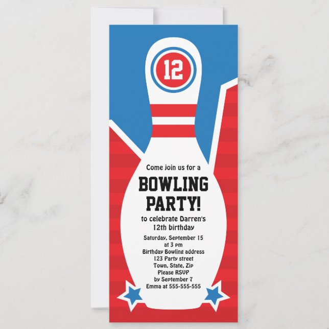 Bowling birthday party invitation with pin (Front)