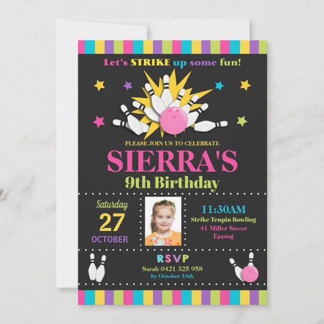 Bowling Birthday Party Invitations Girls (Front)