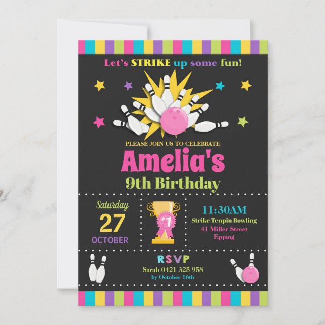 Bowling Birthday Party Invitations Girls (Front)