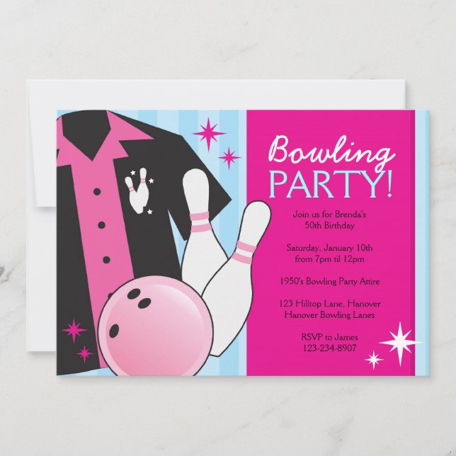 Bowling Birthday Party Invitations in pink (Front)