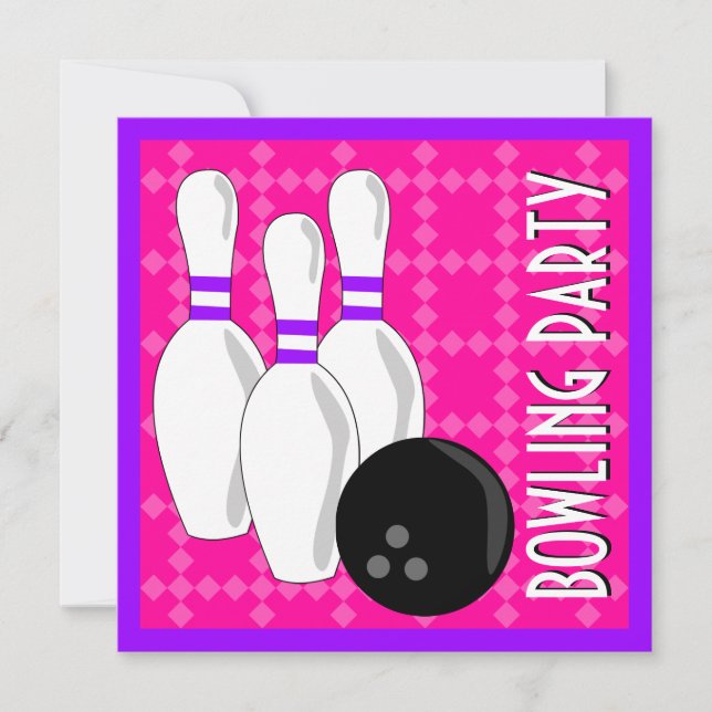 Bowling Birthday Party Invite - Pink and Purple (Front)